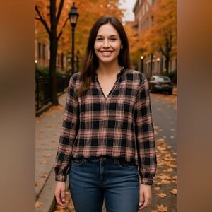 Anthropologie Cloth & Stone Plaid Ruffle Collar Top Black Pink Size Large